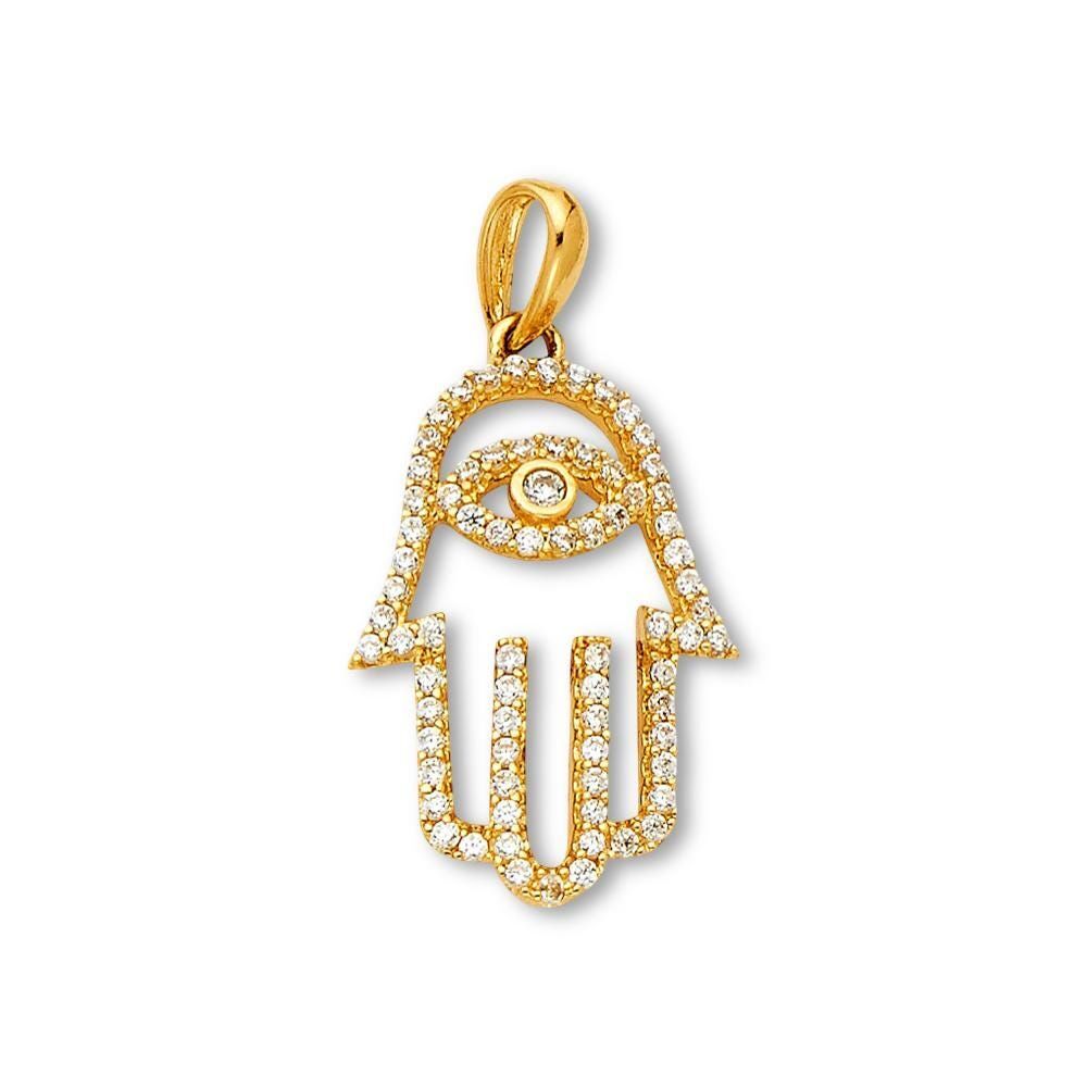 14K Gold Hamsa Hand CZ Pendant | Yellow Gold Protection Charm By Tehrani Jewelry